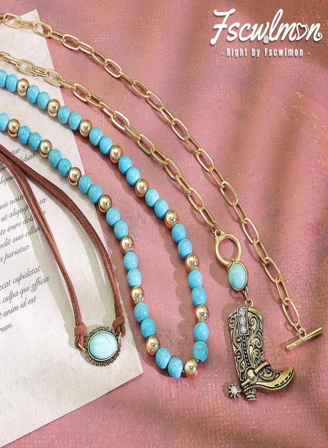 Fscwlmon 3 Pcs Layered Western Cowgirl Necklaces for Women Boho Turquoise Beaded Western Jewelry Rhinestone Cowboy Hat Boots Ox-Head Pendant Choker Paperclip Chain Cowboy Chic Country Accessory XZGJ - Image 5